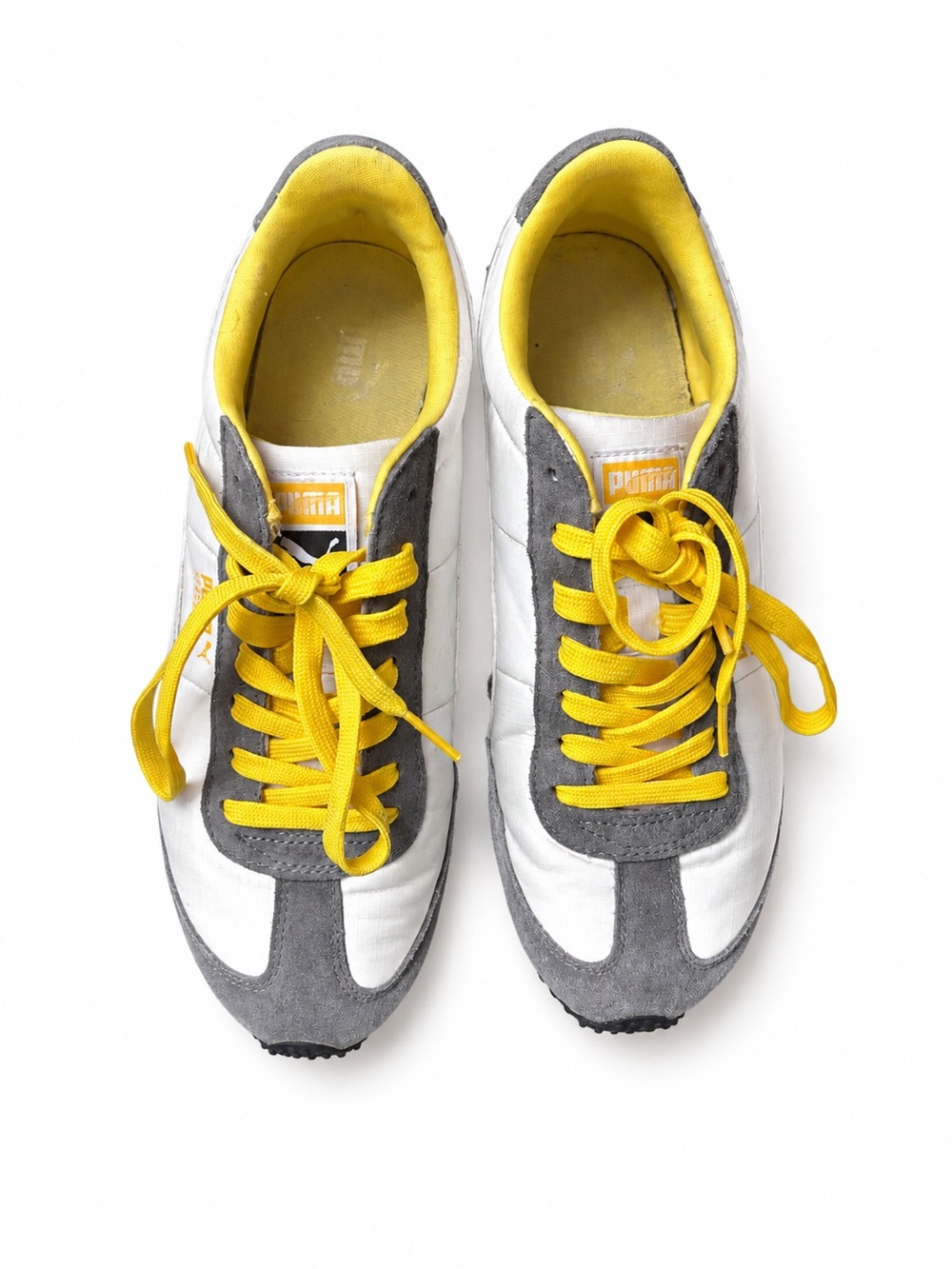 Puma White & Gray Trainers with Yellow Laces